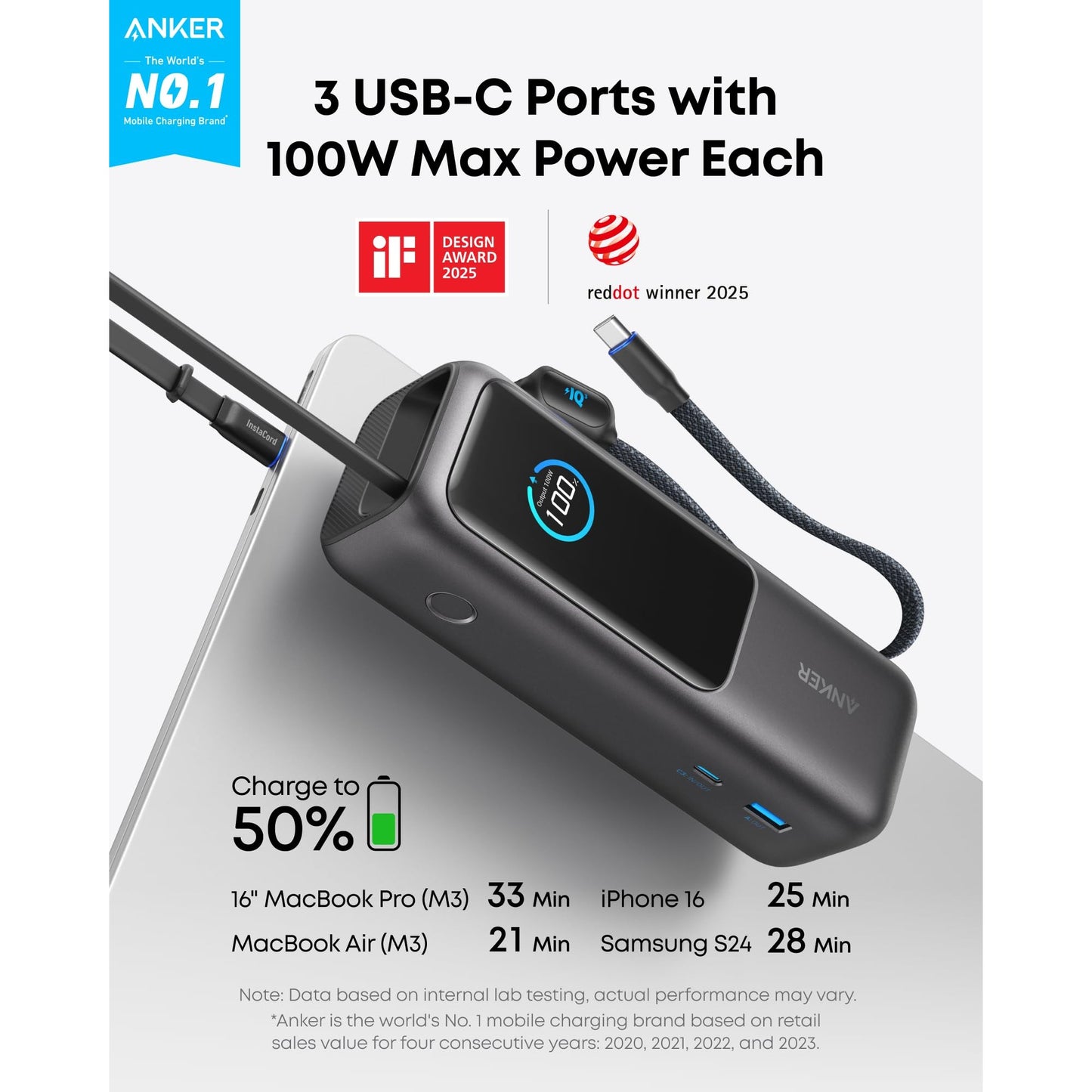 Anker Laptop Power Bank, 25,000mAh Portable Charger with Triple 100W USB-C Ports, Built-in and Retractable Cables, for iPhone 16/15 Series, MacBook, Samsung, and More (Flight-Approved) - Medaid International