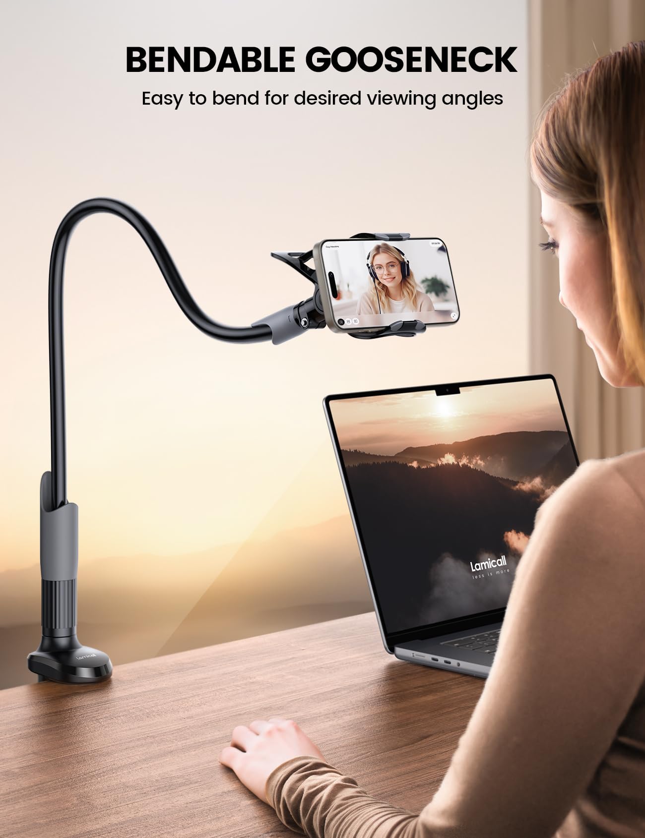 Lamicall Gooseneck Phone Holder for Bed - Cell Phone Mount Clamp Clip, Flexible Long Arm, Overhead Mount for Desk Headboard Bedside, for iPhone Air 17 Pro Max, 16 Pro Max, 15, 14 & 4-7" Phone - Medaid International