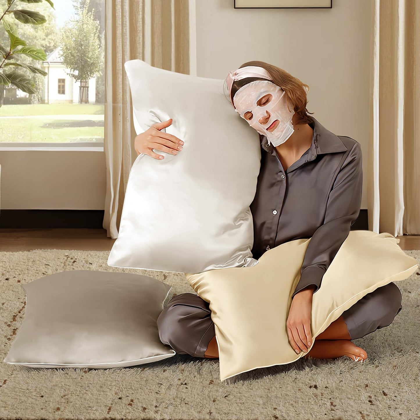 BHZ Satin Goose Down Feather Pillows King Size with Satin Pillowcase for Hair and Skin, Cooling Pillow Cases Similar to Silk Pillow Cases, Christmas Decorative Gifts for Women, Mom Men, Grey - Medaid International