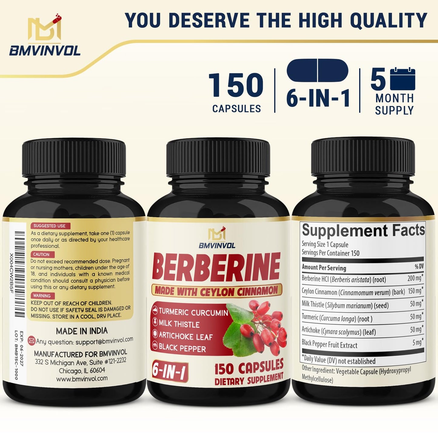 Berberine with Ceylon Cinnamon, Turmeric, Milk Thistle, Artichoke, Black Pepper - 150 Count - Pack of 1 - Medaid International