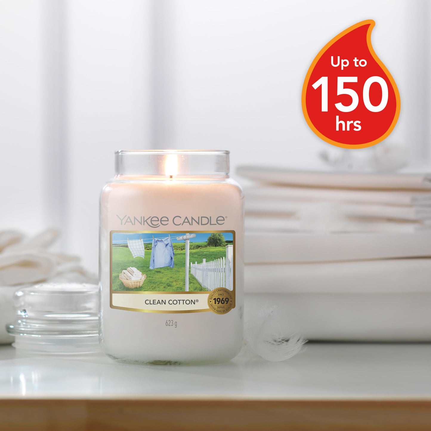 Yankee Candle Large Jar Scented Candle, Clean Cotton, Up to 150 Hours Burn Time - Medaid International
