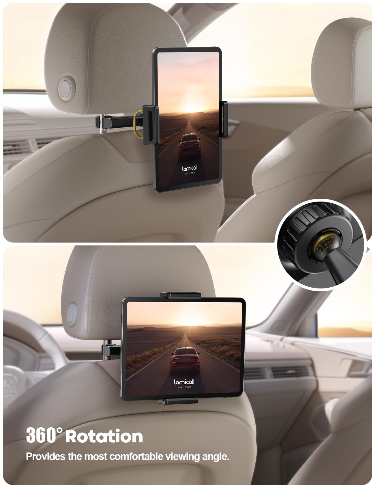 Lamicall Car Tablet Headrest Holder - Car Back Seat Headrest Tablet Mount Stand for Kids, Road Trip Essentials, Compatible with 2024 iPad Pro 11/13", Air Mini, Galaxy Tab, 4.7-13" Devices, Black - Medaid International