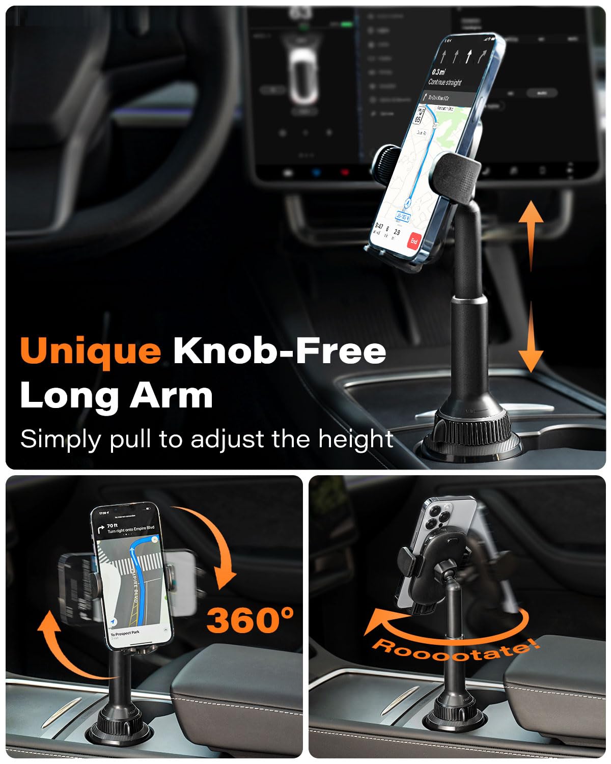 APPS2Car Universal Car Cup Phone Holder | Quick Extension Long Arm | 360° Swivel | Adjustable for iPhone, Samsung, Google, and All Smartphones | Stable & No Shake Design - Medaid International