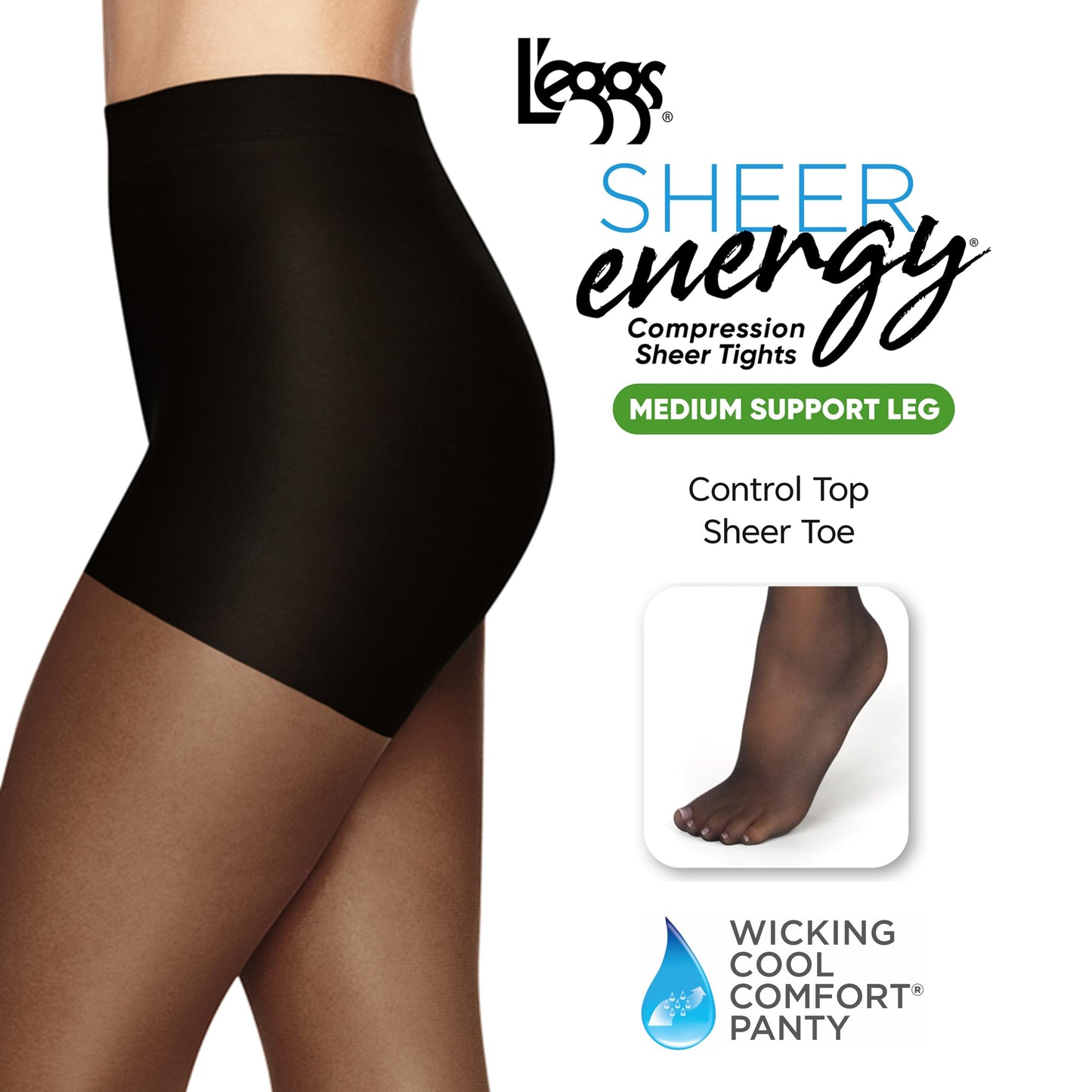 L'eggs Sheer Energy Medium Support Women's Compression Tights, Control Top, Sheer Toe, Jet Black, Size B (Pack of 3) - Medaid International