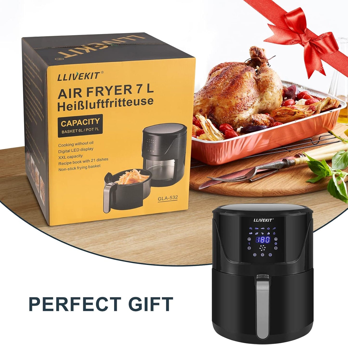 7L Large Air Fryer, 1800W + Digital Touch Screen - Black - Medaid International