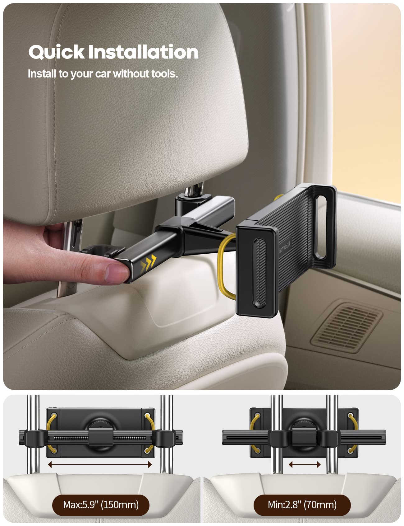 Lamicall Car Tablet Headrest Holder - Car Back Seat Headrest Tablet Mount Stand for Kids, Road Trip Essentials, Compatible with 2024 iPad Pro 11/13", Air Mini, Galaxy Tab, 4.7-13" Devices, Black - Medaid International