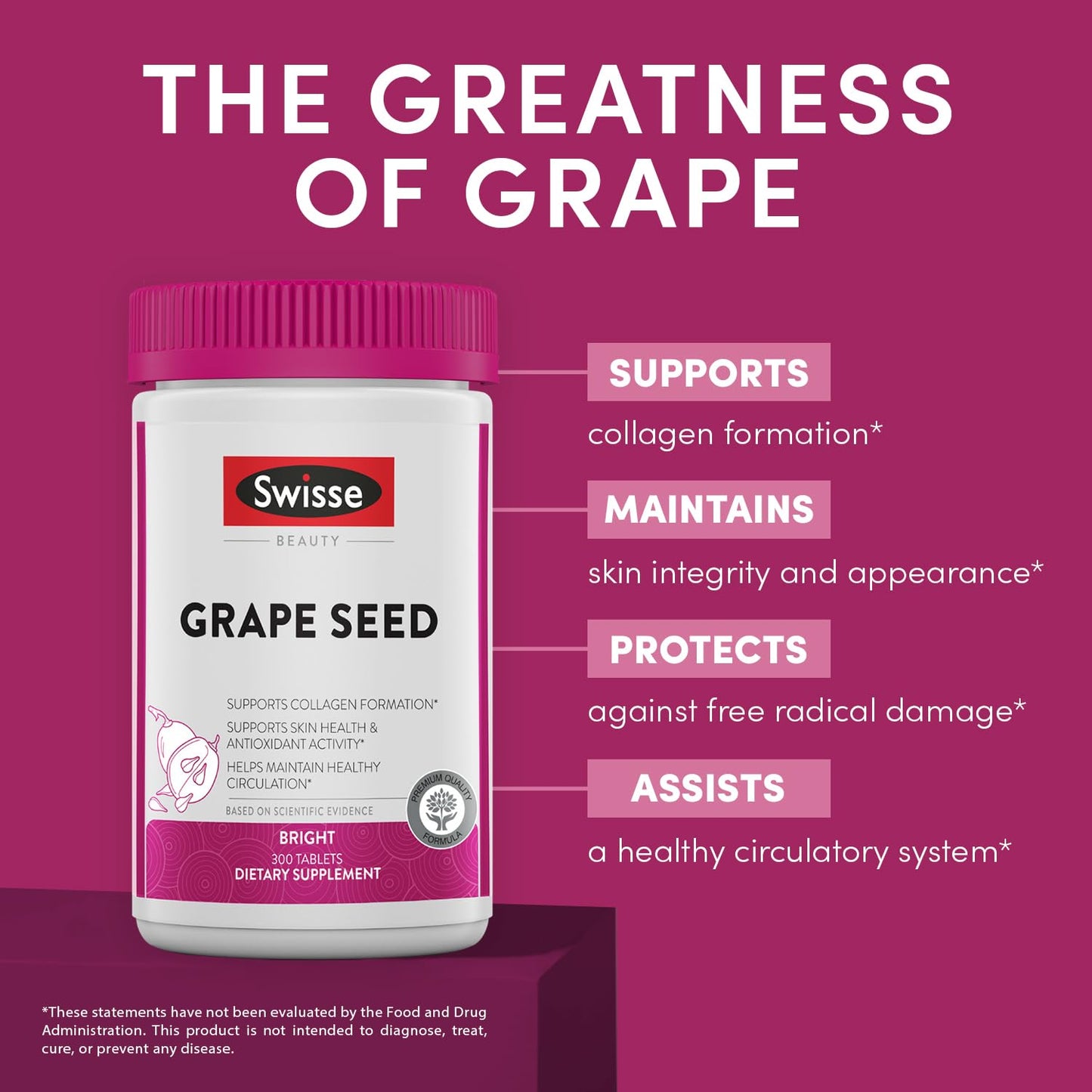 Swisse Grape Seed Extract Capsules Antioxidant Herbal Supplement | Grapeseed Polyphenols Supplement + Antioxidant Vitamin C | Promotes Skin Health & Collagen Production | 300 Tablets - Medaid International