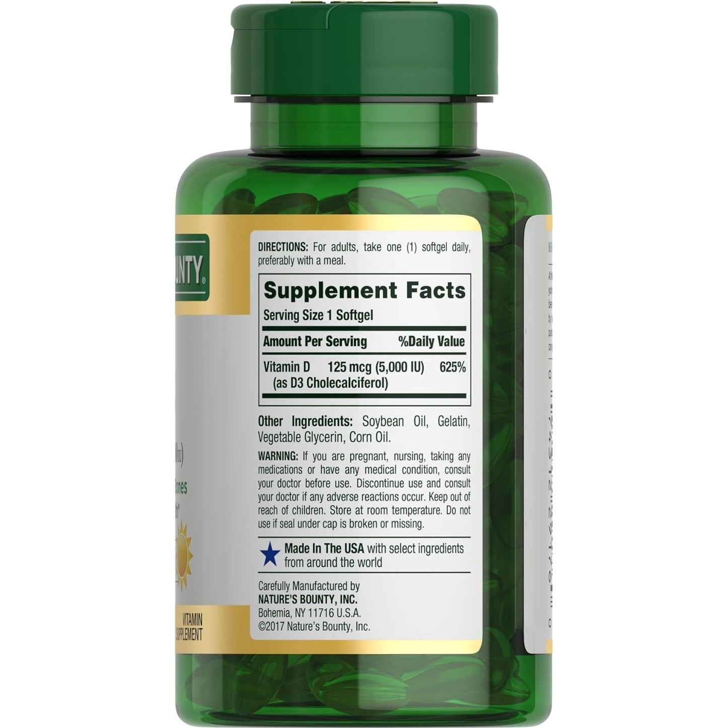 Nature's Bounty Vitamin D3, Immune Support, 125 mcg (5000iu), Rapid Release Softgels, 240 Ct - Medaid