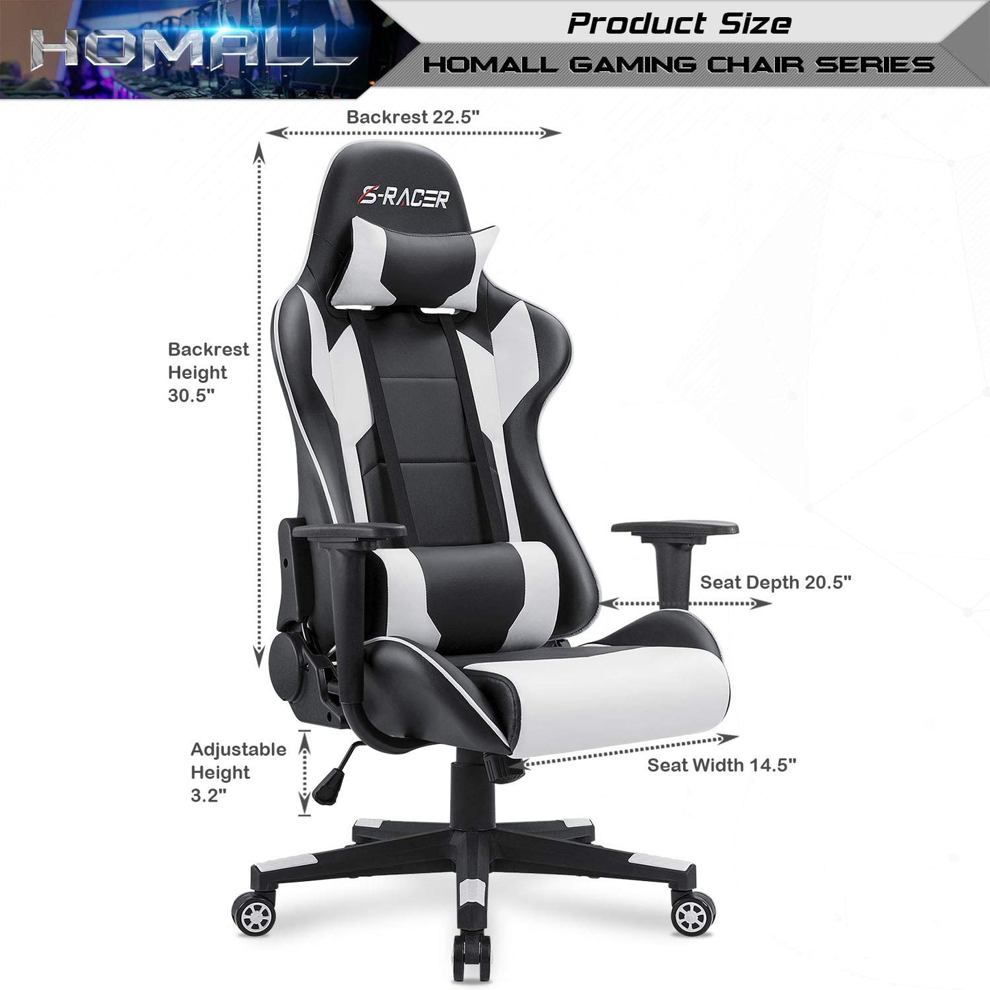 Homall Gaming Chair, Office Chair High Back Computer Chair Leather Desk Chair Racing Executive Ergonomic Adjustable Swivel Task Chair with Headrest and Lumbar Support (White) - Medaid International