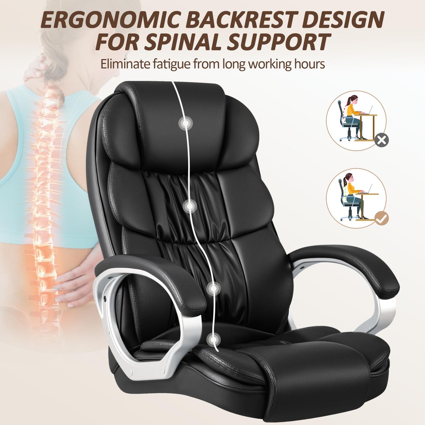 Homall Office Chair High Back Computer Desk Chair, PU Leather Adjustable Height Modern Executive Swivel Task Chair with Padded Armrests and Lumbar Support (Black) - Medaid International