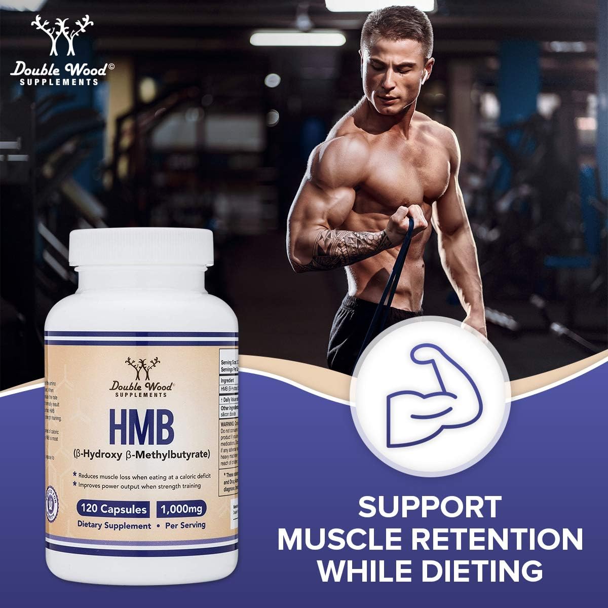 Double Wood Supplements HMB Supplement, Third Party Tested, Non-GMO, Gluten Free, 120 Capsules, 1000mg per Serving, 500mg per Capsule - Medaid International