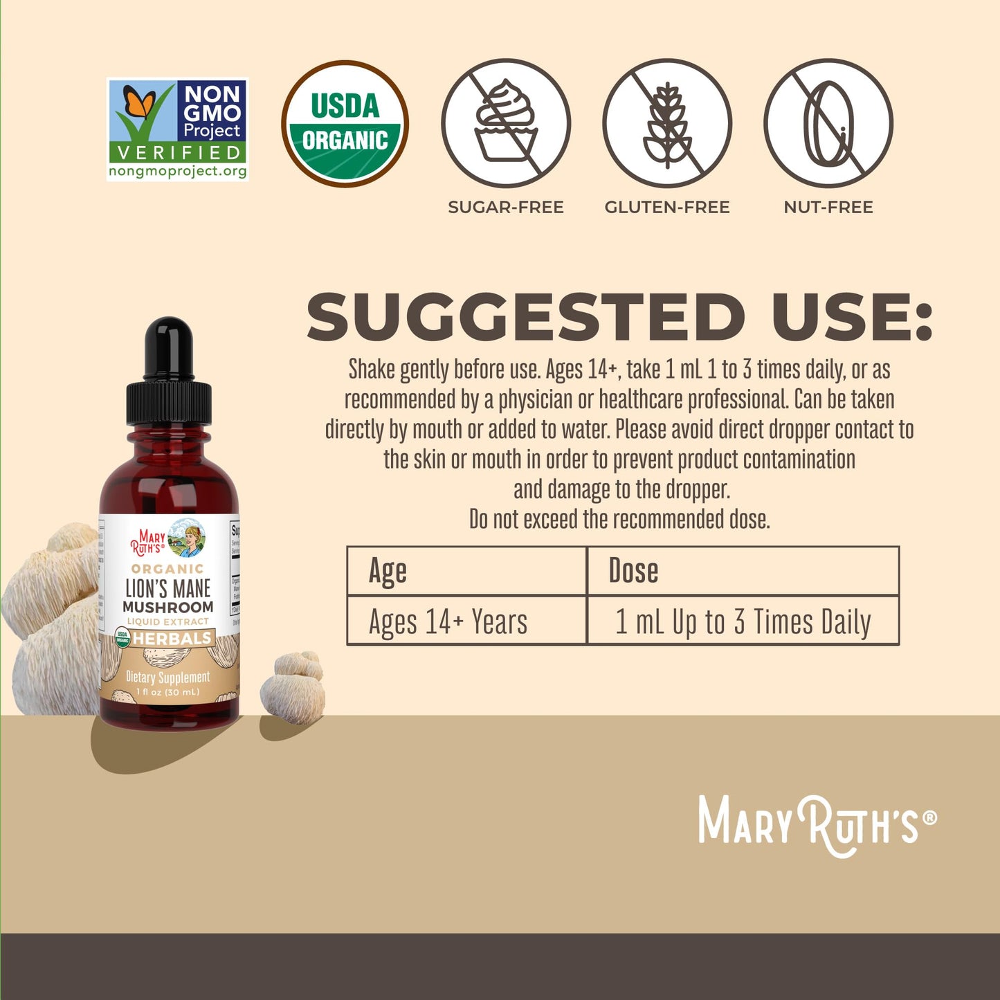 MaryRuth Organics Lions Mane Mushroom Supplement, Up to 1 Month Supply, Nootropic USDA Organic Lions Mane Extract Nervine Herbal Liquid Drops, Brain Health Non-GMO Vegan Alcohol Free Tincture, 1 Fl Oz - Medaid International
