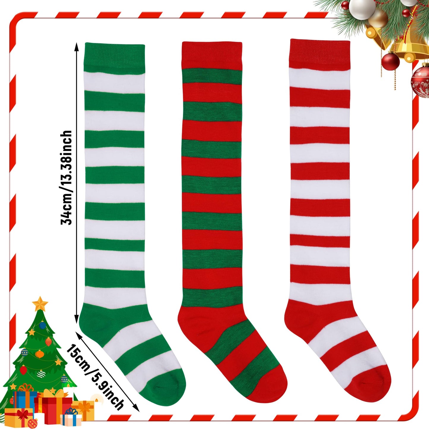 Dxhycc 3 Pairs Christmas Striped Knee High Socks Elf Candy Long Xmas Socks for Girls Boys Halloween Christmas Party - Medaid International