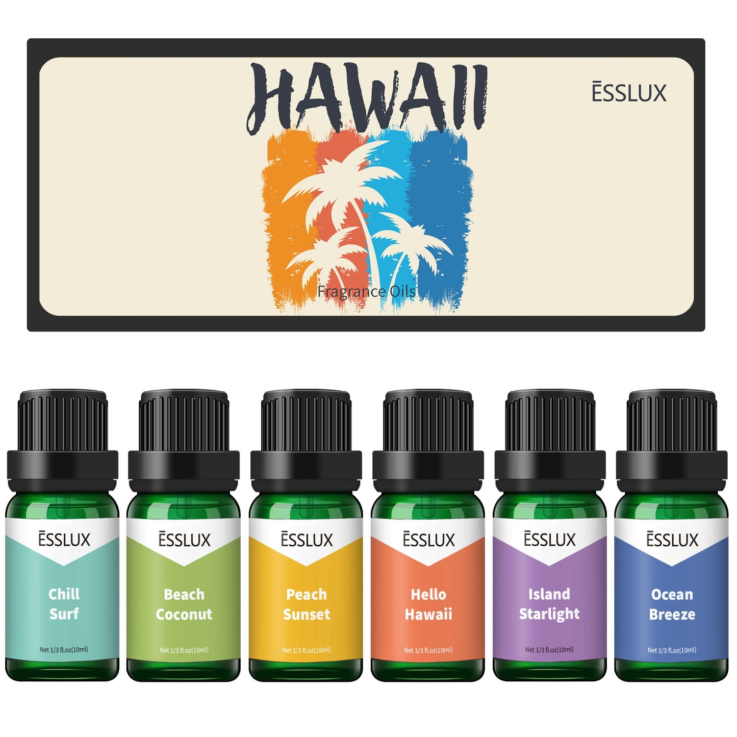 Hawaii Fragrance Oil, ESSLUX 6x10ml Essential Scented Oils Set, Candle Making Scents, Soap Making, Laundry, Diffuser Oil Fresh Scents for Spring Summer, Ocean Breeze, Beach Coconut - Medaid International