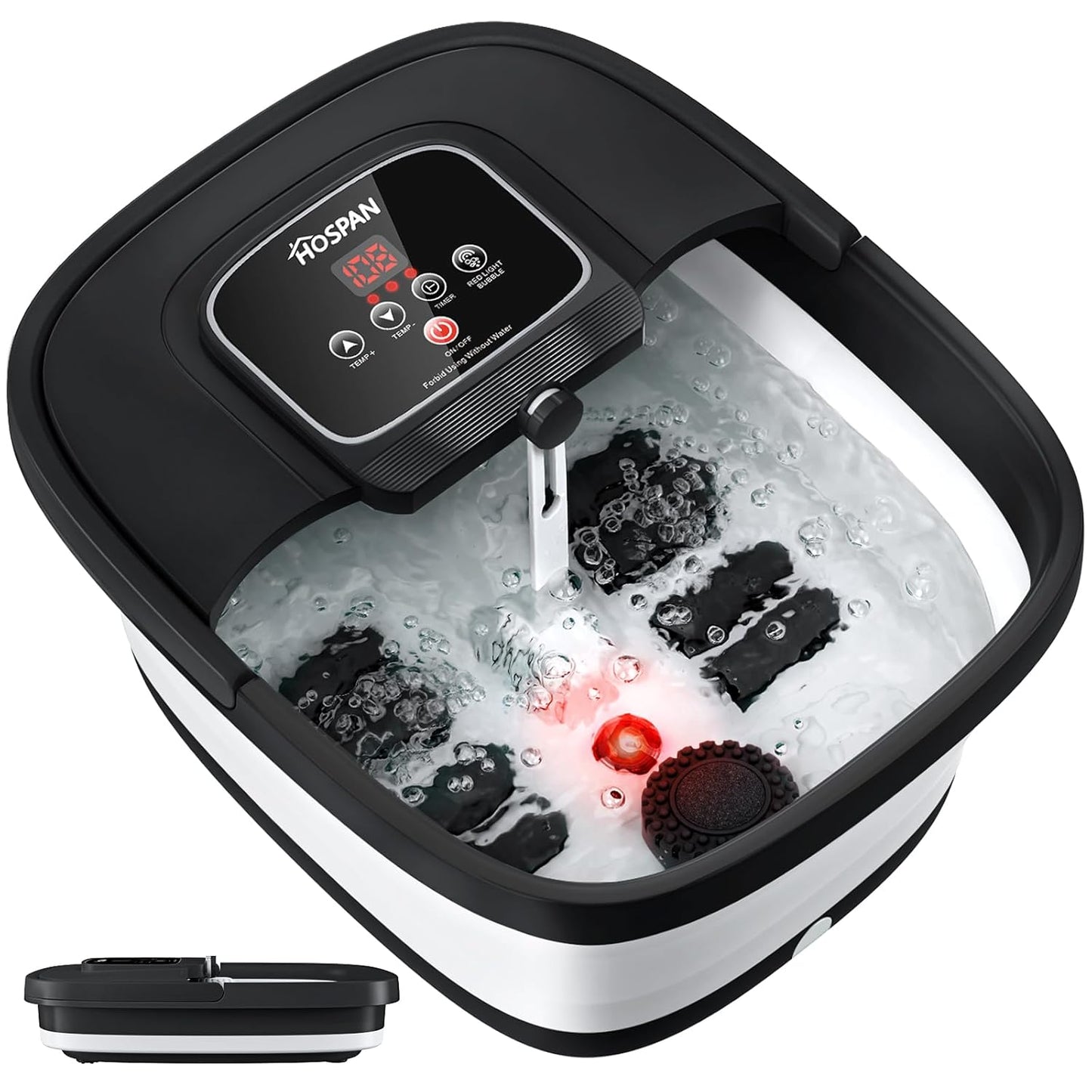 HOSPAN Collapsible Foot Spa with Heat, Bubble, Red Light, and Temperature Control, Foot Bath Massager with 8 Shiatsu Massage Rollers, Pedicure Foot Spa for Relaxation and Stress Relief, Black - Medaid