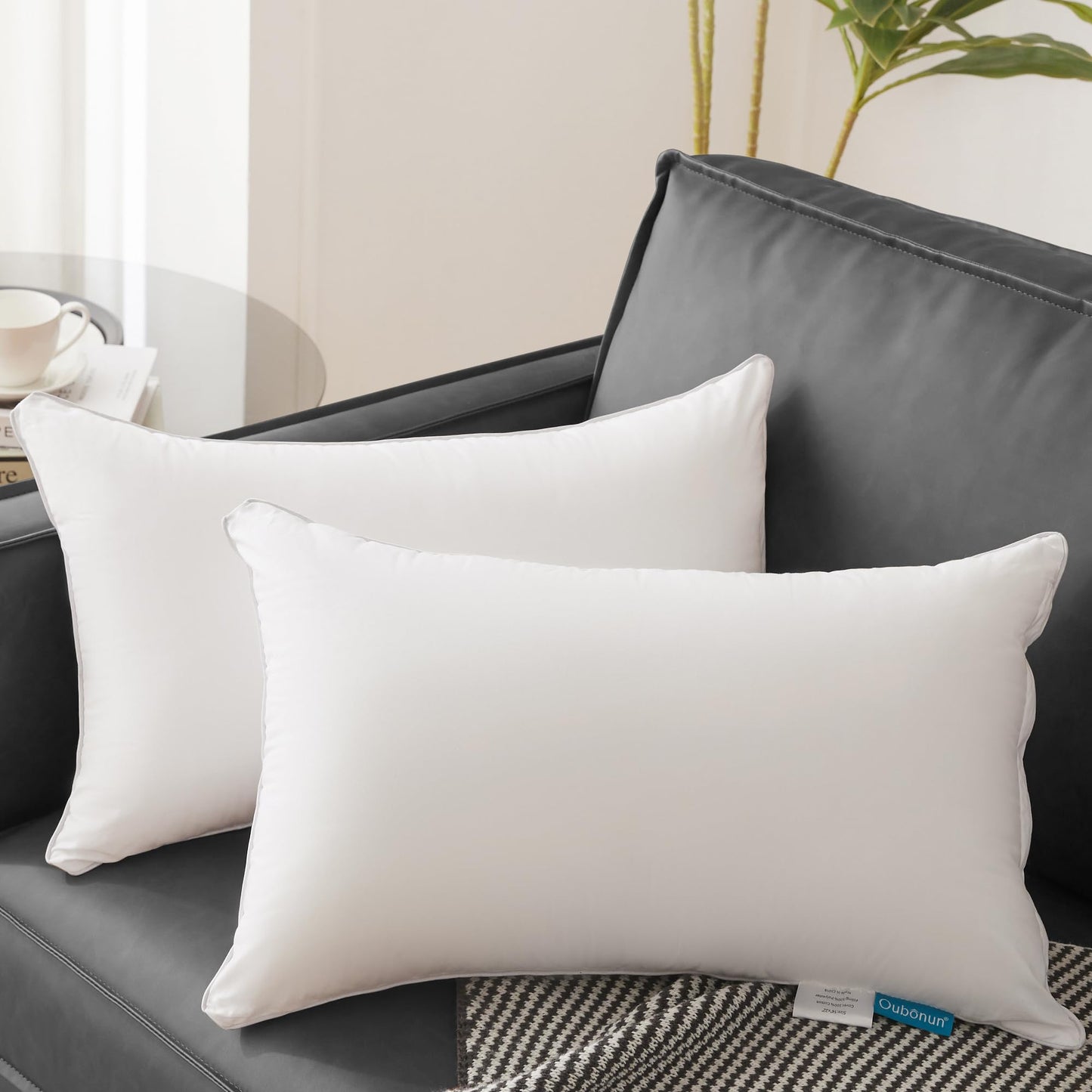 Oubonun 12 x 20 Lumbar Pillow (Set of 2) - 100% Cotton Cover - Rectangle Square Sofa Pillow Inserts - Decorative Pillow Pair - White Couch Pillow - Medaid International