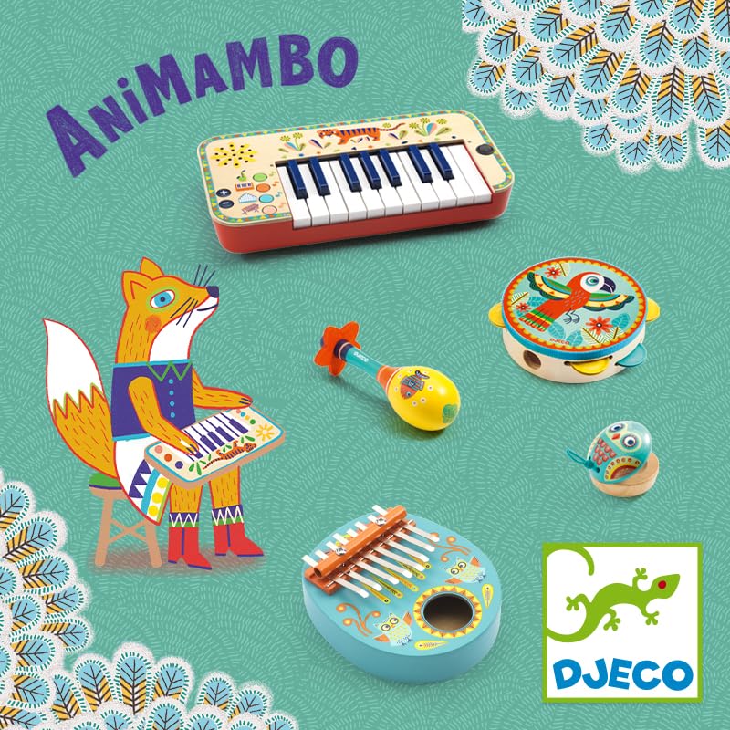 DJECO Animambo Tambourine, Maraca, Castanet Music Instrument Set - Cute Parrot, Fish & Owl Design Toddler Educational Musical Toy for Creativity & Rythym - Toys for 3+ Years Girls & Boys - Medaid International