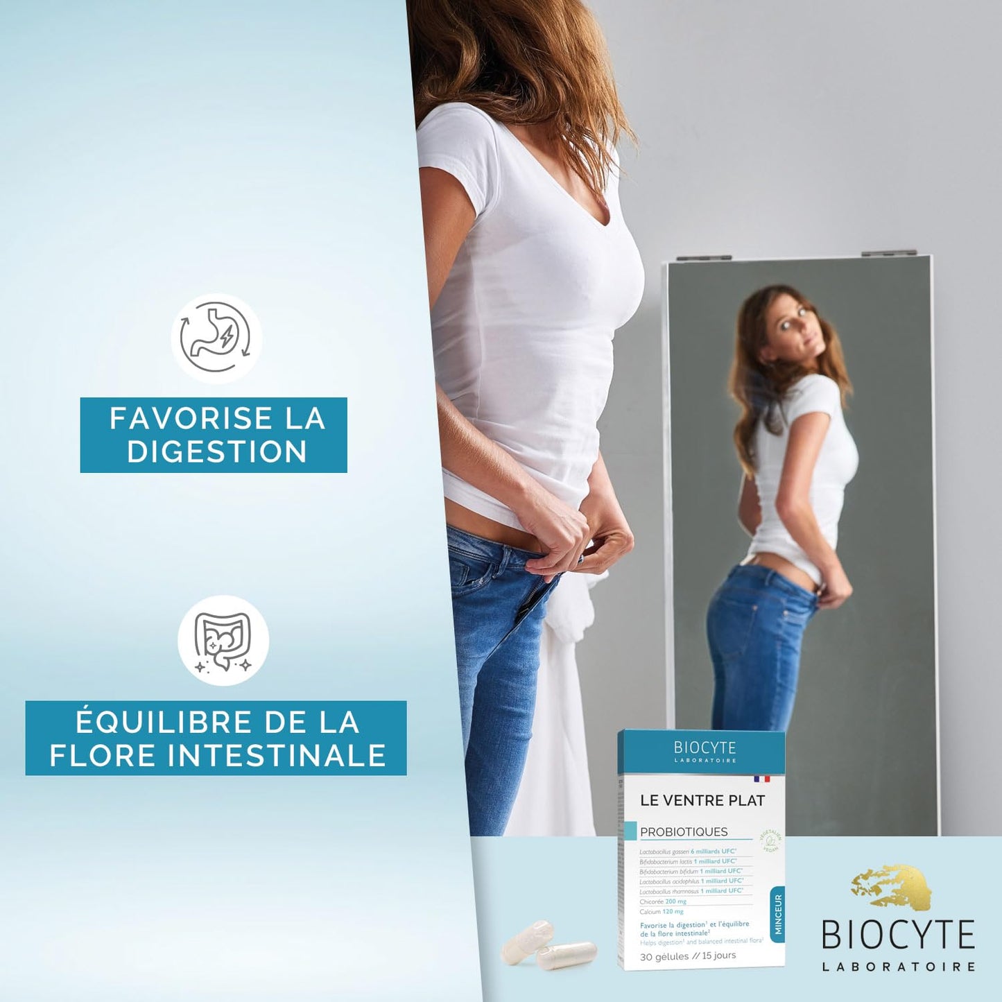 BIOCYTE Le Ventre Plat - Complément Alimentaire Minceur Double Action - Favorise la digestion, Equilibre Flore Intestinale - Probiotiques 5 souches - 30 gélules - Programme de 15 Jours - Végétarien - Medaid International