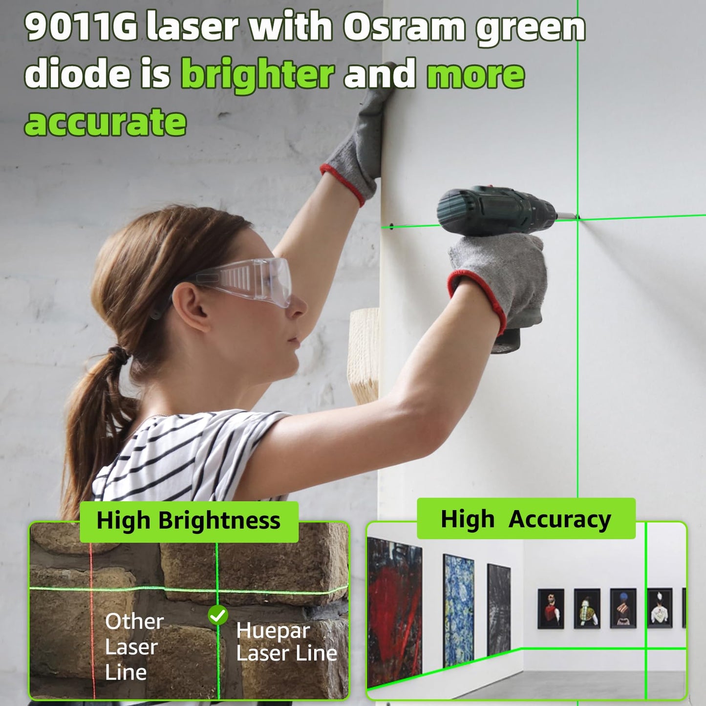 Huepar Laser Level, 100Ft Self Leveling Green Cross Line Laser for Picture Hanging, Tile, Decoration & DIY Construction – 360° Magnetic Base & AA Battery, Indoor Use - Medaid International