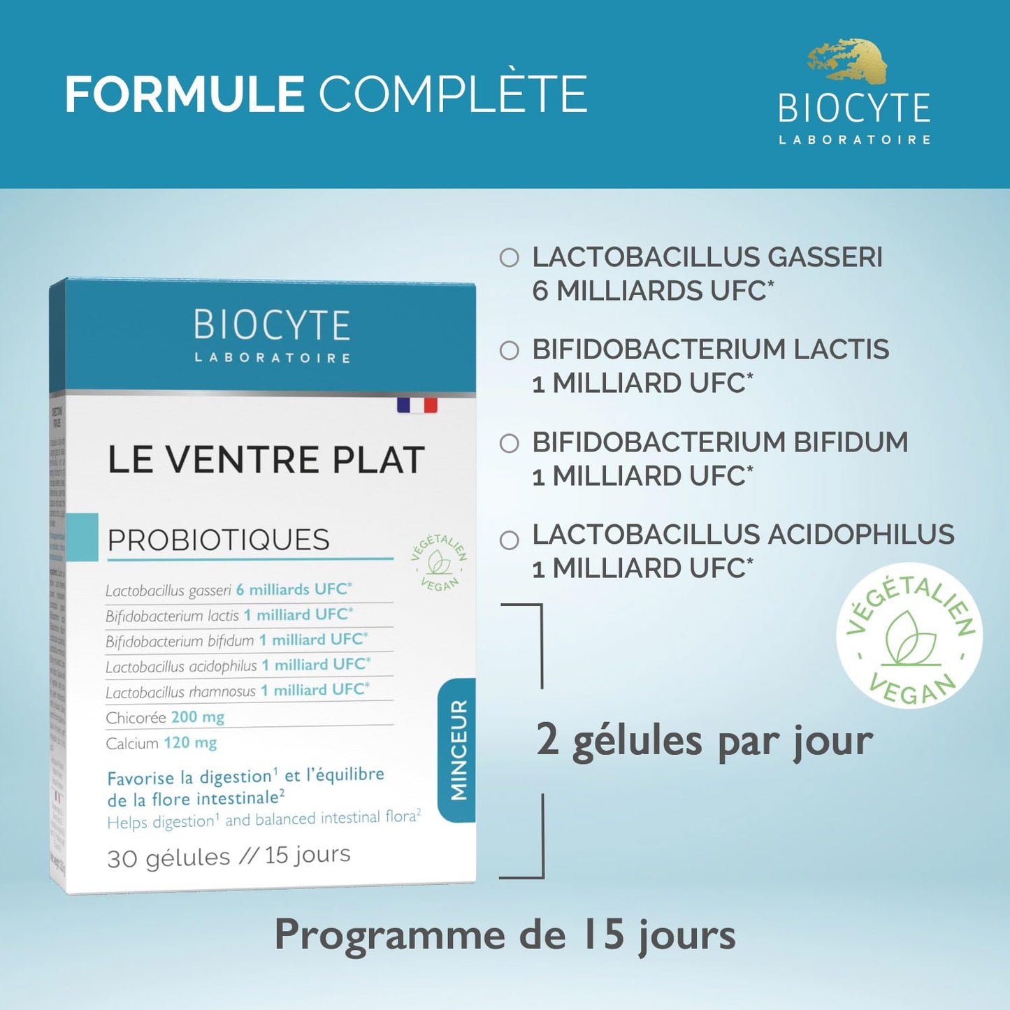 BIOCYTE Le Ventre Plat - Complément Alimentaire Minceur Double Action - Favorise la digestion, Equilibre Flore Intestinale - Probiotiques 5 souches - 30 gélules - Programme de 15 Jours - Végétarien - Medaid International