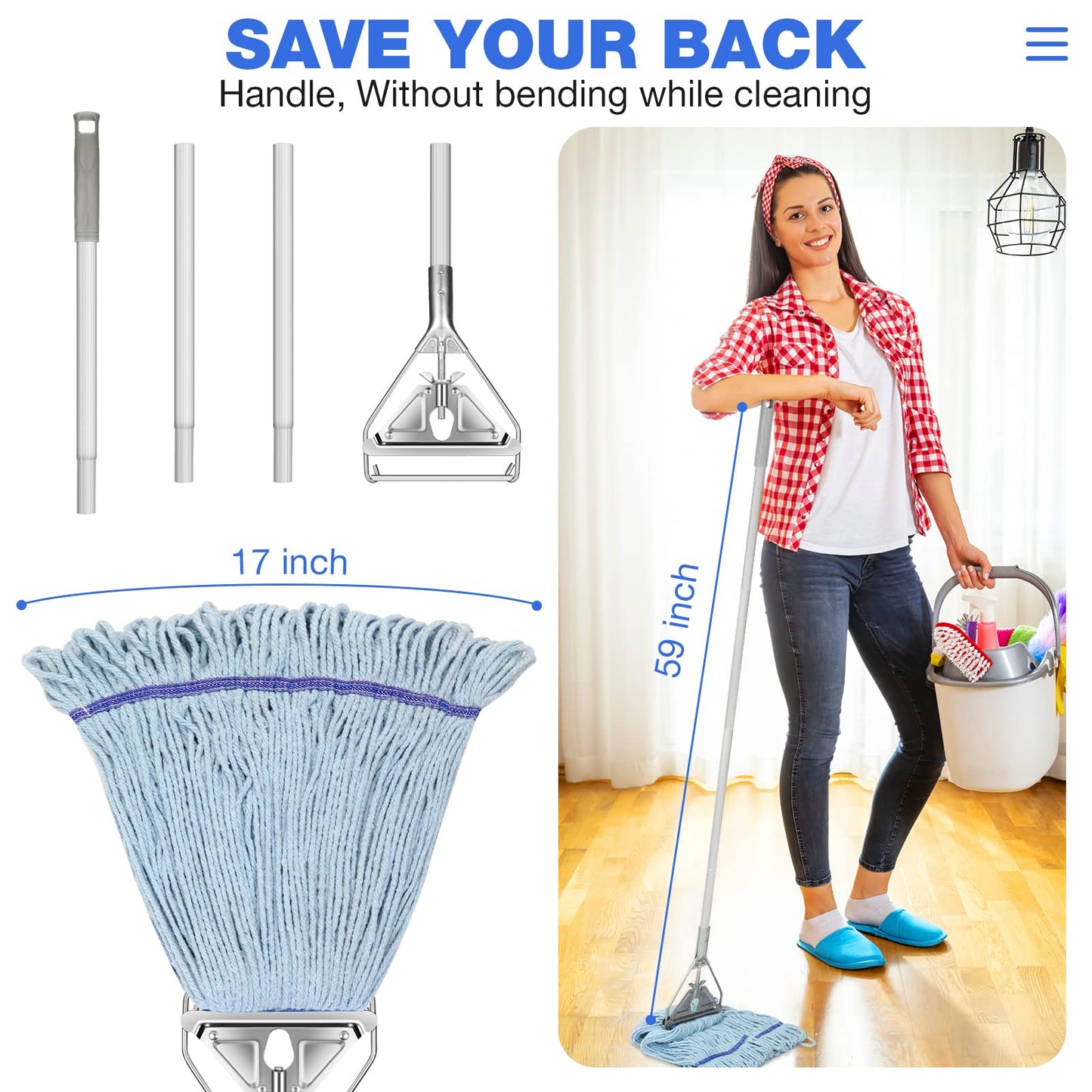 String Mop Heavy Duty for Floor Cleaning- Industrial Commercial Wet Mop with 59inch Mop Handle for Home Garage Office Workshop Warehouse Floor Cleaning - Medaid International