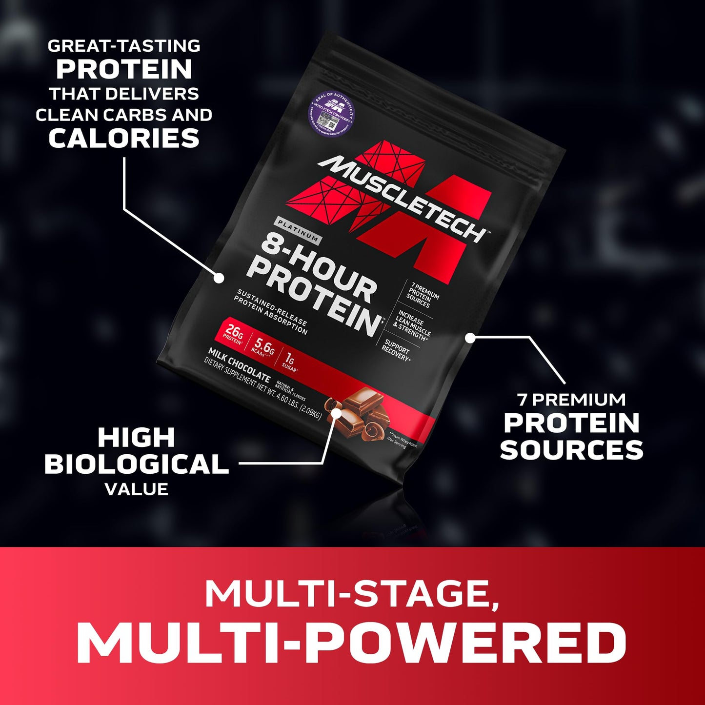 MuscleTech Platinum 8-Hour Protein Powder - 7 Premium Protein Sources with Whey & Casein Protein for Increased Lean Muscle, Strength & Improved Recovery - Milk Chocolate, 50 Servings - Medaid International