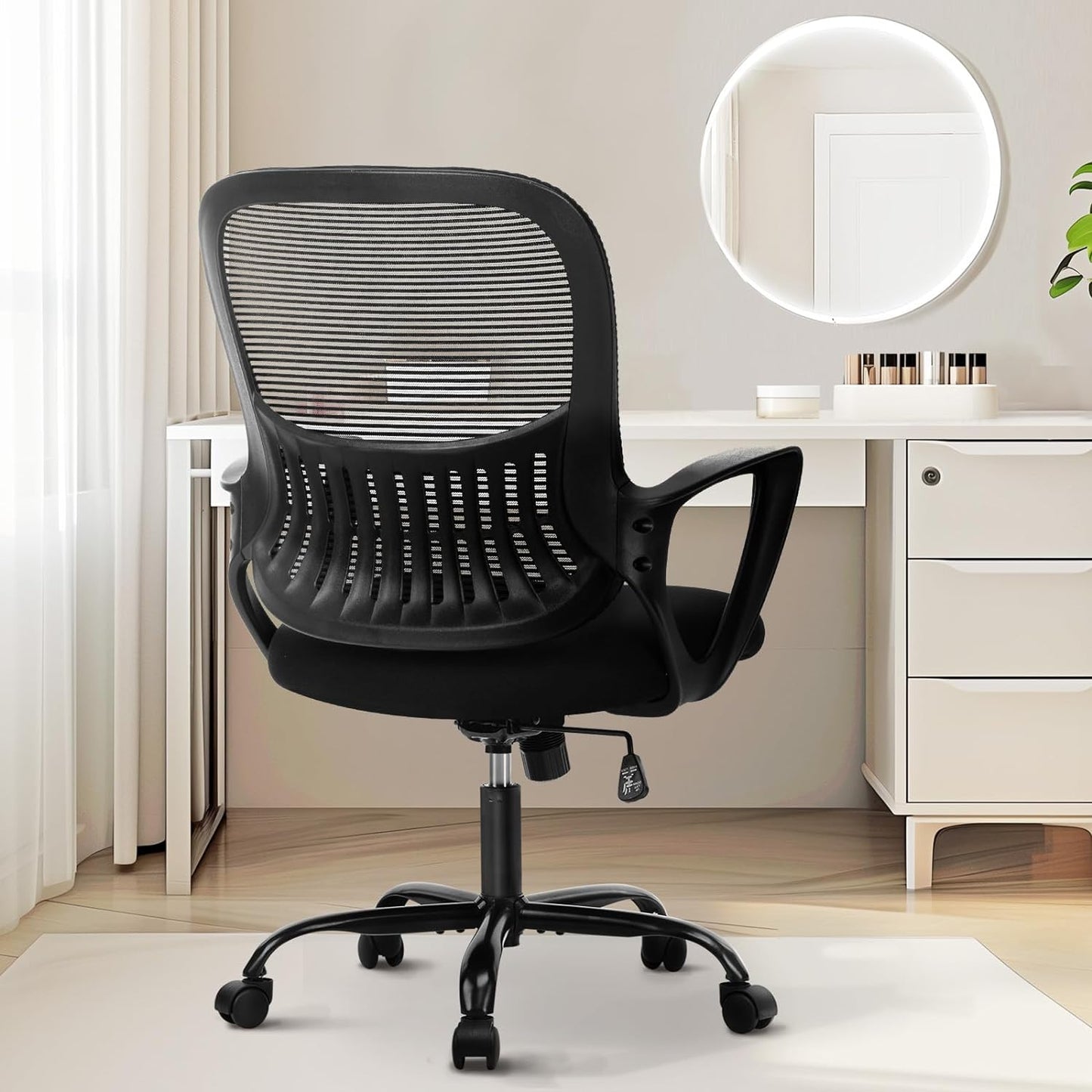 Sweetcrispy Office Computer Desk Managerial Executive Chair, Ergonomic Mid-Back Mesh Rolling Work Swivel Chairs with Wheels, Comfortable Lumbar Support, Comfy Arms for Home,Bedroom,Study,Student,Black - Medaid International