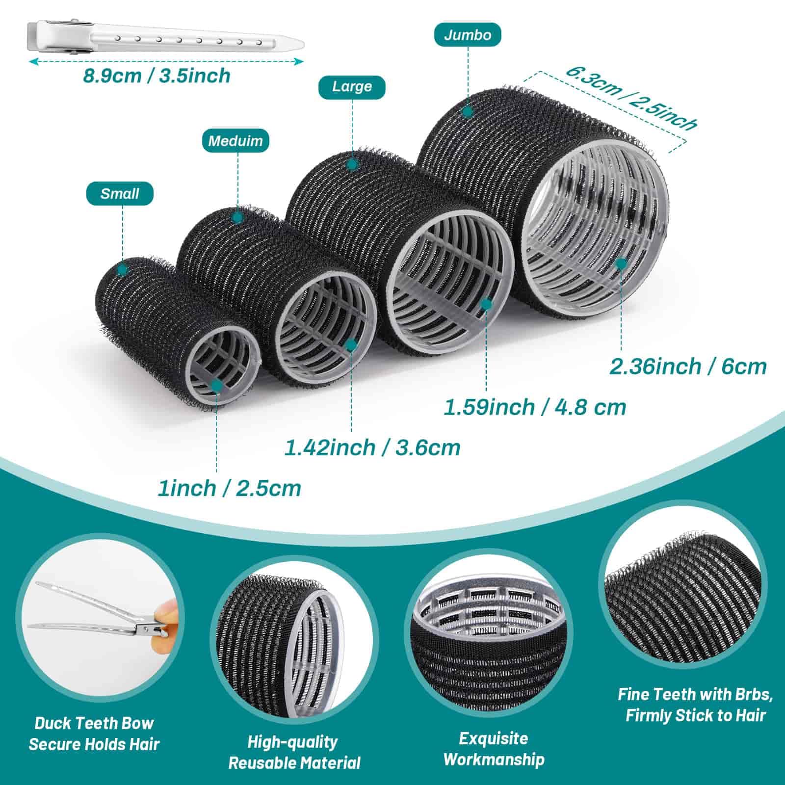 Acejoz Hair Rollers for Blowout Look, 38 Pcs Self Grip Hair Rollers Set with 4 Sizes, 12 Pcs Hair Clips, Comb and Storage Bag for Hair Volume (Black) - Medaid International