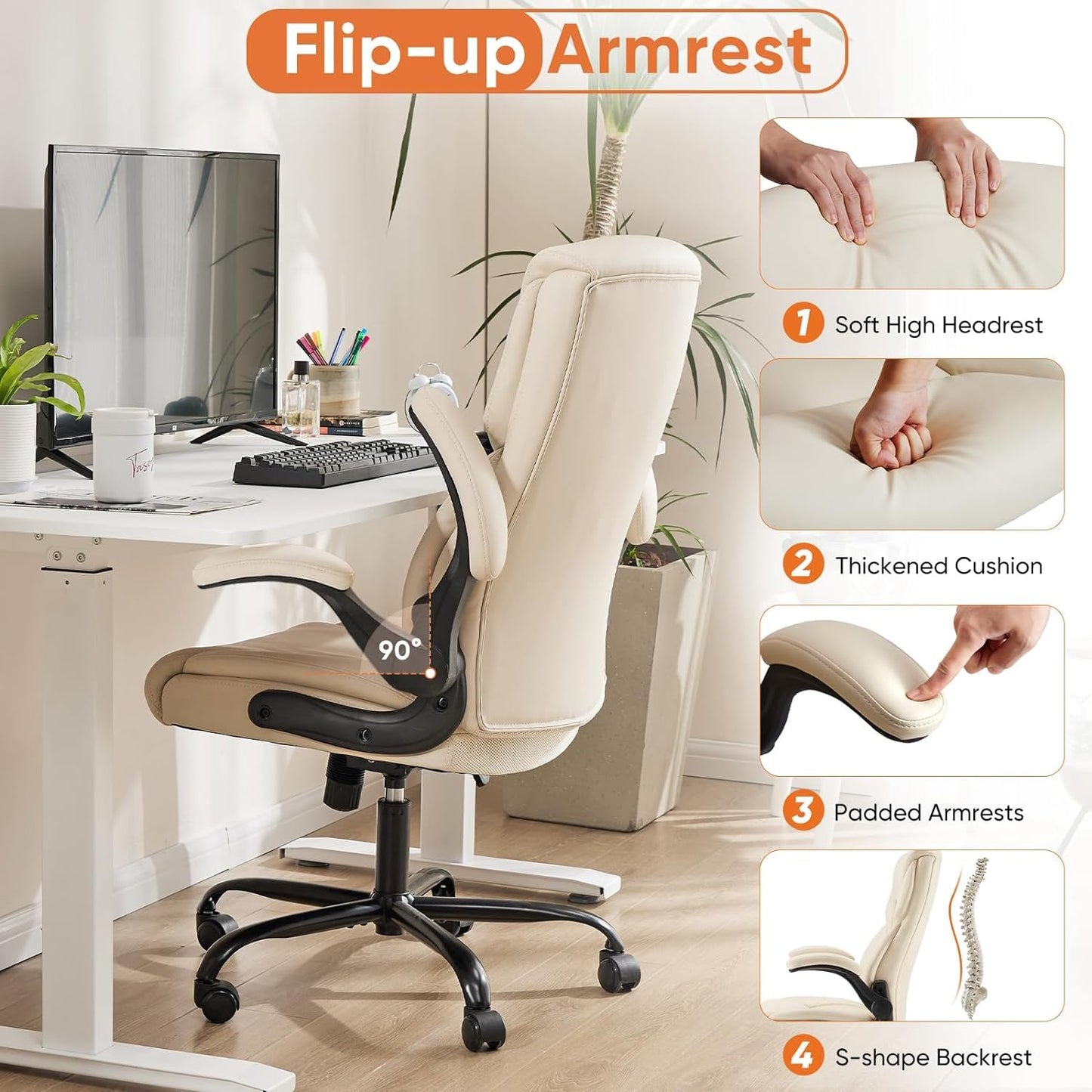 Sweetcrispy Ergonomic Office Chair Heavy Duty Task Desk Chair with Flip-up Arms, PU Leather, Adjustable Swivel Rolling Chair with Wheels, Beige - Medaid International