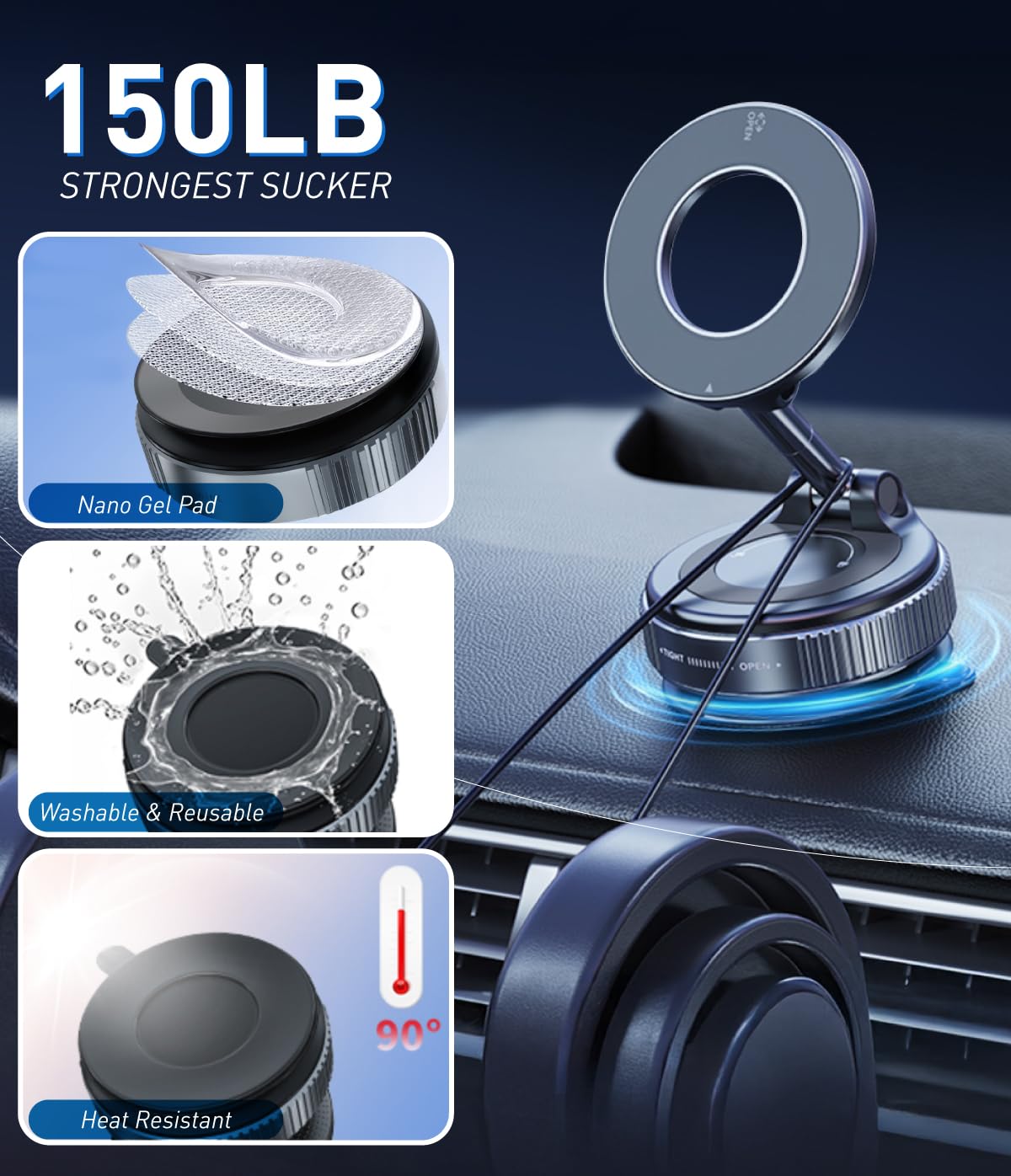 E EAKSON Magnetic Suction Cup Phone Mount for Magsafe, 360° Adjustable Magnetic Car Phone Holder, Pocket Size Foldable Car Mount, Cell Phone Holders for Your Car for iPhone 17 16 15 14 13 12 Series - Medaid International