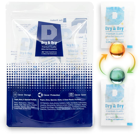 Dry & Dry Premium Orange Indicating Silica Gel Packets Desiccants - Food Safe Silica Gel Packets - White - 60 Packets (5 Gram) - Medaid International