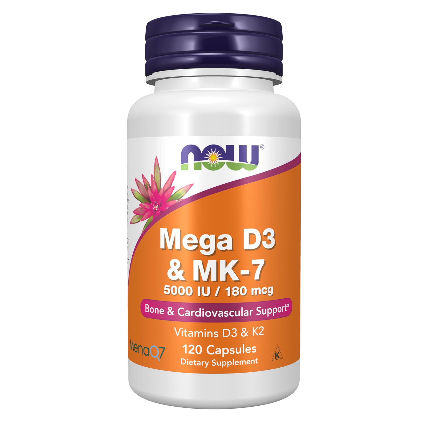 NOW Supplements, Mega D-3 & MK-7, 5000 IU / 180 mcg, Bone & Cardiovascular Support*, Vitamins K-3 & K-2, 120 Capsules - Medaid International