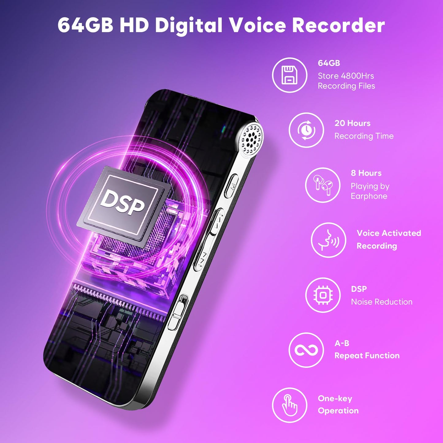 64GB Voice Recorder with Noise Reduction, 4800 Hours ZIPCIDE Dictaphone Voice Activated Recorder with Playback for Lectures Meetings, 1536Kbps Smart Audio Sound Tape Recording Device with Password - Medaid International