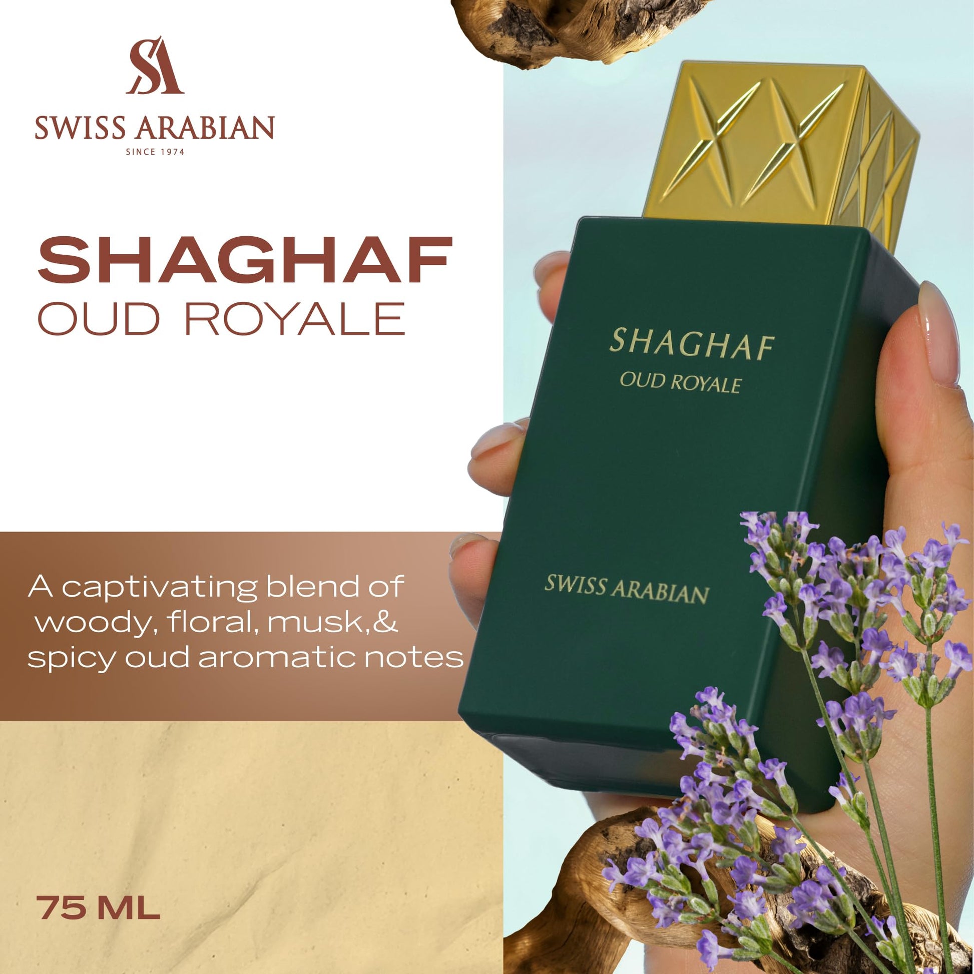 Swiss Arabian Shaghaf Oud Royale Spicy, Oud, Aromatic Fragrance - Notes of Saffron and Lavender - Perfume for Women and Men - 2.5 oz EDP Spray - Medaid International