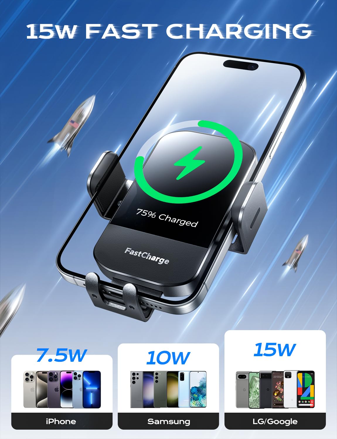 CHGeek Wireless Car Charger, 15W Fast Charging Auto Clamping Car Charger Phone Mount Phone Holder fit for iPhone 16 15 14 13 12 Pro Max 11 XR XS, Samsung Galaxy S24 Ultra S23 S22 S21, S20, S10+, Black - Medaid International