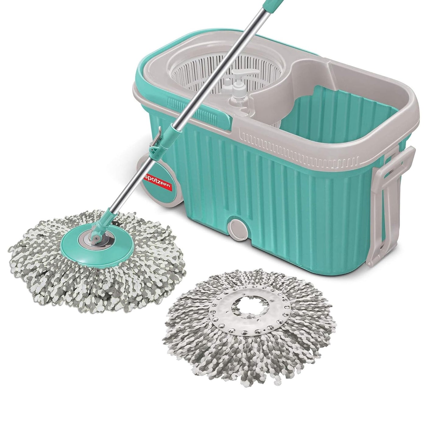 Spotzero by Milton Spin mop Bucket with Wringer on Wheels, Extendable Handle 360 Spin mops for Floor Cleaning, 2 Microfiber Refills, Aqua Green Elite - Medaid International