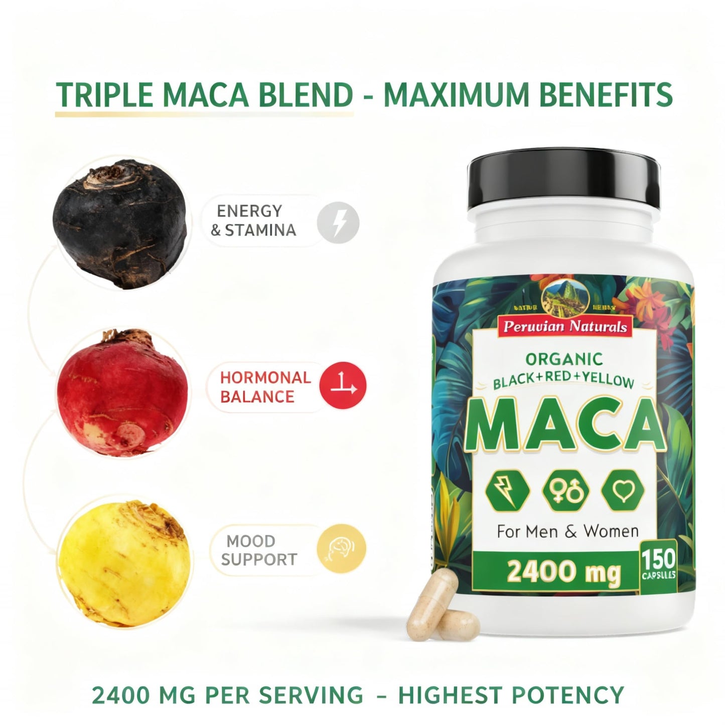 Organic Maca Root Capsules for Women & Men 2400mg per Serving - 150 Pills Black, Red, Yellow Maca Supplement - Gelatinized Macaroot, Non-GMO, Vegan by Peruvian Naturals - Medaid International