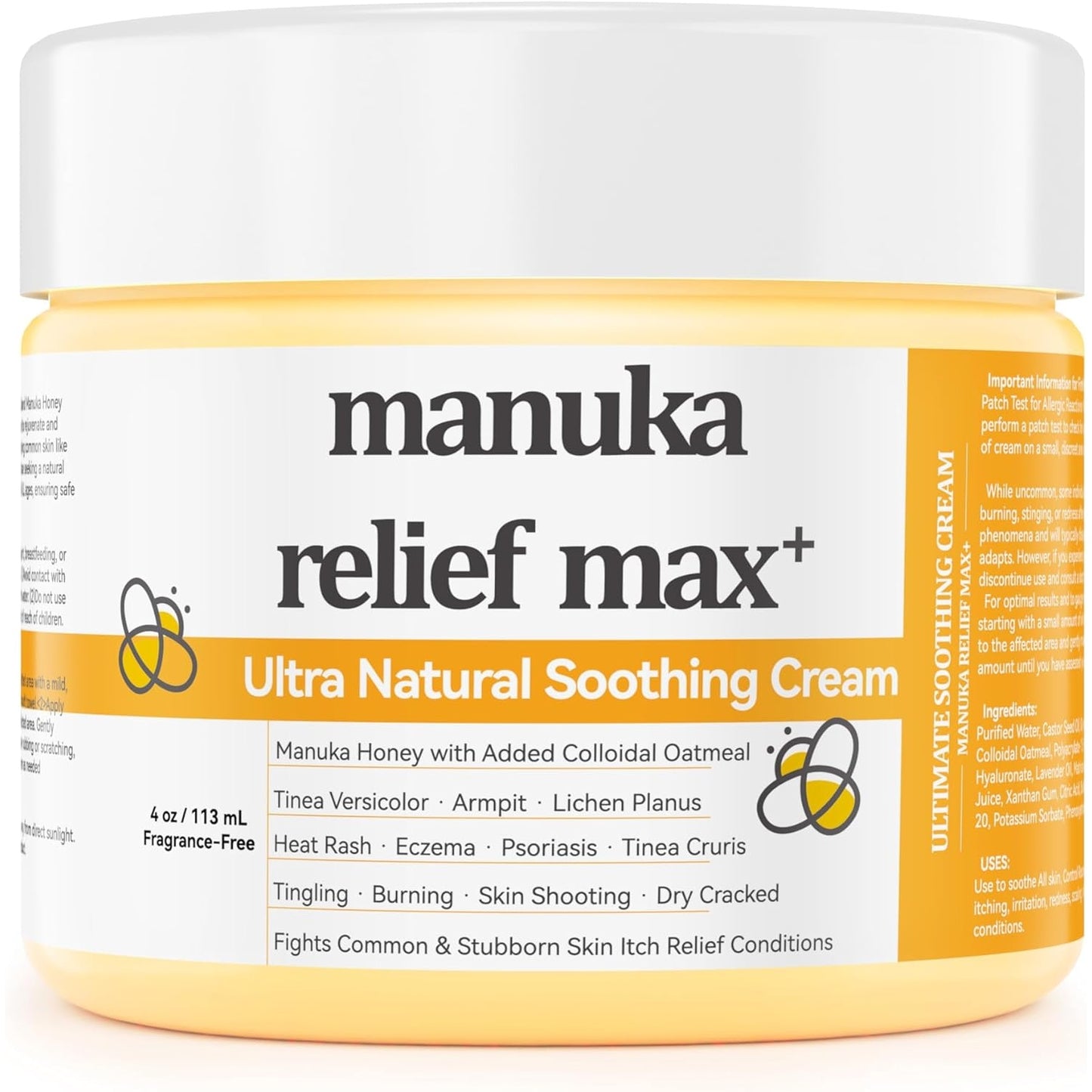 Max Strength Treat Natural Organic Manuka Honey Cream Ointment, Soothing Relief for Dry, Heat Rash, Hidradenitis, Itchy, Eczema, Psoriasis, Leg, Belly, Armpit, Foot, Hand, Irritable Skin For All Ages - Medaid International