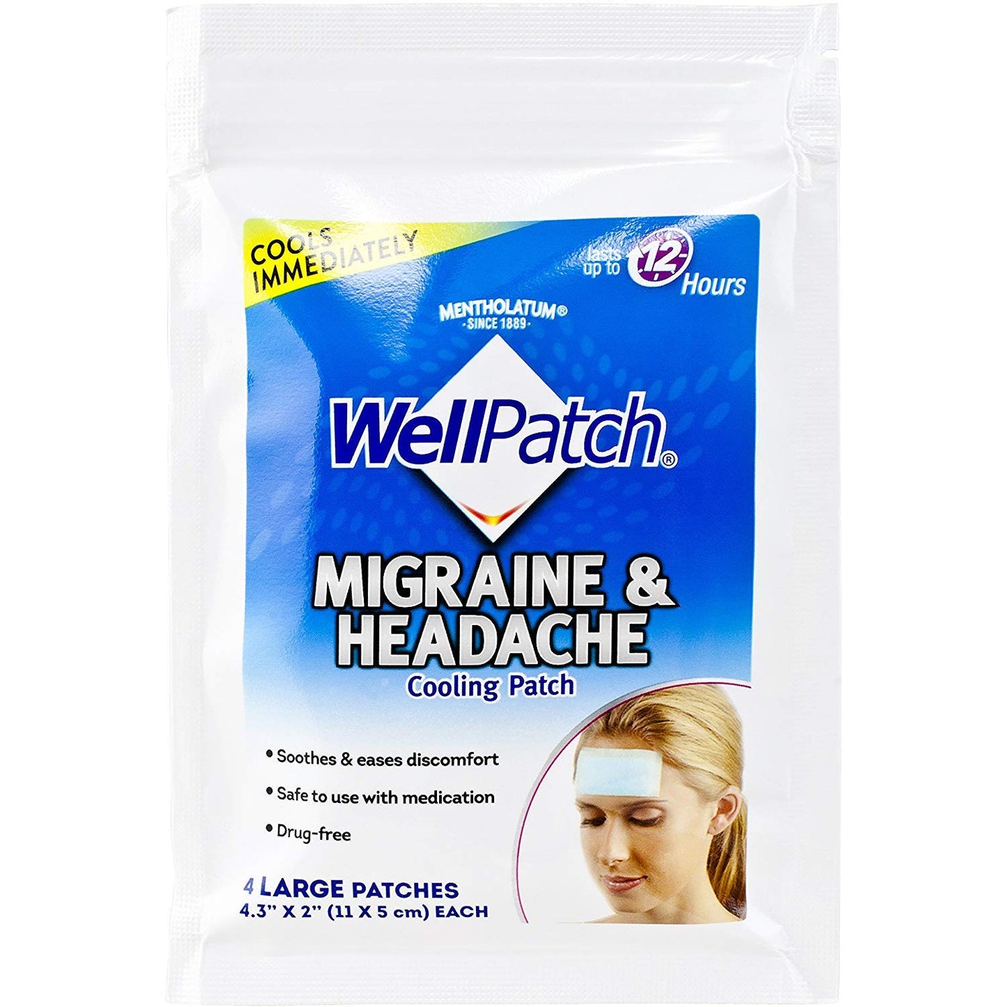 WellPatch Migraine & Headache Cooling Patch - Drug Free, Lasts Up to 12 hours, Safe to Use with Medication - Large Patches (4 Large Patches) - Medaid