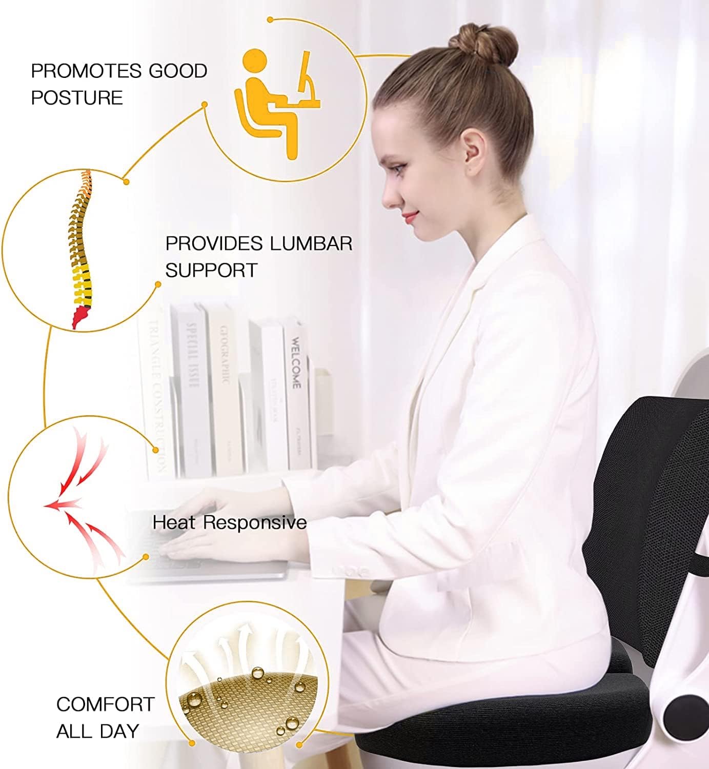 Back & Seat Cushions, Lumbar Support Pillow with Adjustable Strap-Chair, Cushions for Sciatica Pain Relief with Washable Cover, Orthopedic Seat Cushion and Lumbar Support Pillow for Office Chair - Medaid International