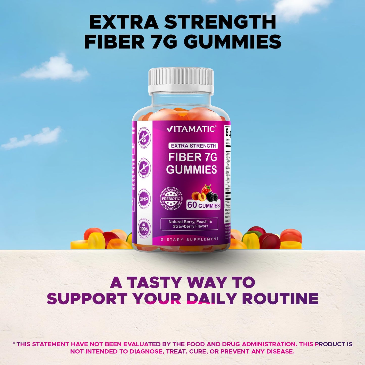 Vitamatic Prebiotic Fiber Gummies for Adults – 7g Fiber per Serving – 60 Pectin-Based Gummies Extra Strength, Zero Sugar Added – Supports Digestive Health & Regularity – Non-GMO, Vegan, Gluten-Free - Medaid International