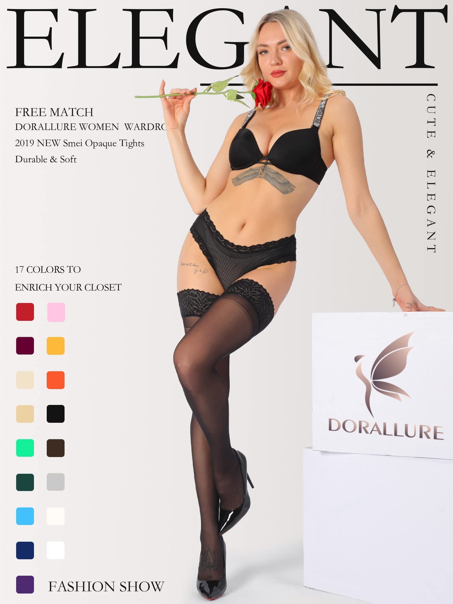 DORALLURE Thigh High Stockings Silicone Lace Top Stay Up Silky Semi Sheer Pantyhose for Women Hold Up Nylon,Black - Medaid International