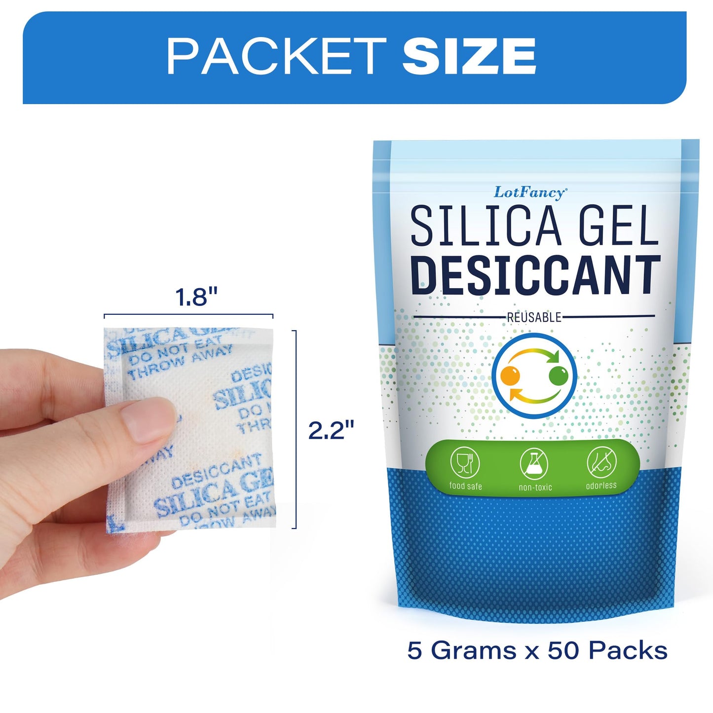 LotFancy 5 Gram (50 Pack) Silica Gel Packets, Color Indicating Desiccant - Rechargeable Moisture Absorbers for Food Storage, Electronics, 3D Filament & Safes - Medaid International