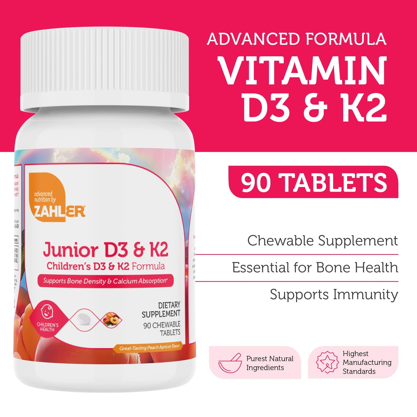 Zahler - Junior Vitamin D3 + K2 Chewable Tablets for Kids| Vitamin D for Kids 2000 IU | Delicious Vitamin D K2 Chews to Support Healthy Bones & Teeth - Kosher, Less Sugar Than Gummies (90 Count) - Medaid International
