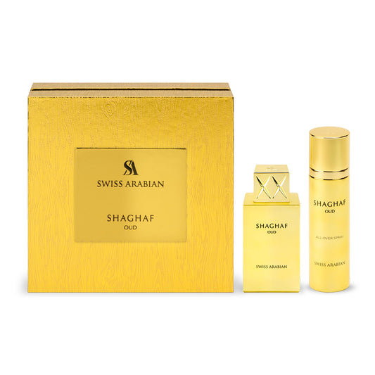 Swiss Arabian Shaghaf Oud - Eau de Parfum and Body Spray Perfume Set - Long Lasting Arabian Perfume with Saffron, Praline, and Vanilla - 2 pc - Medaid International