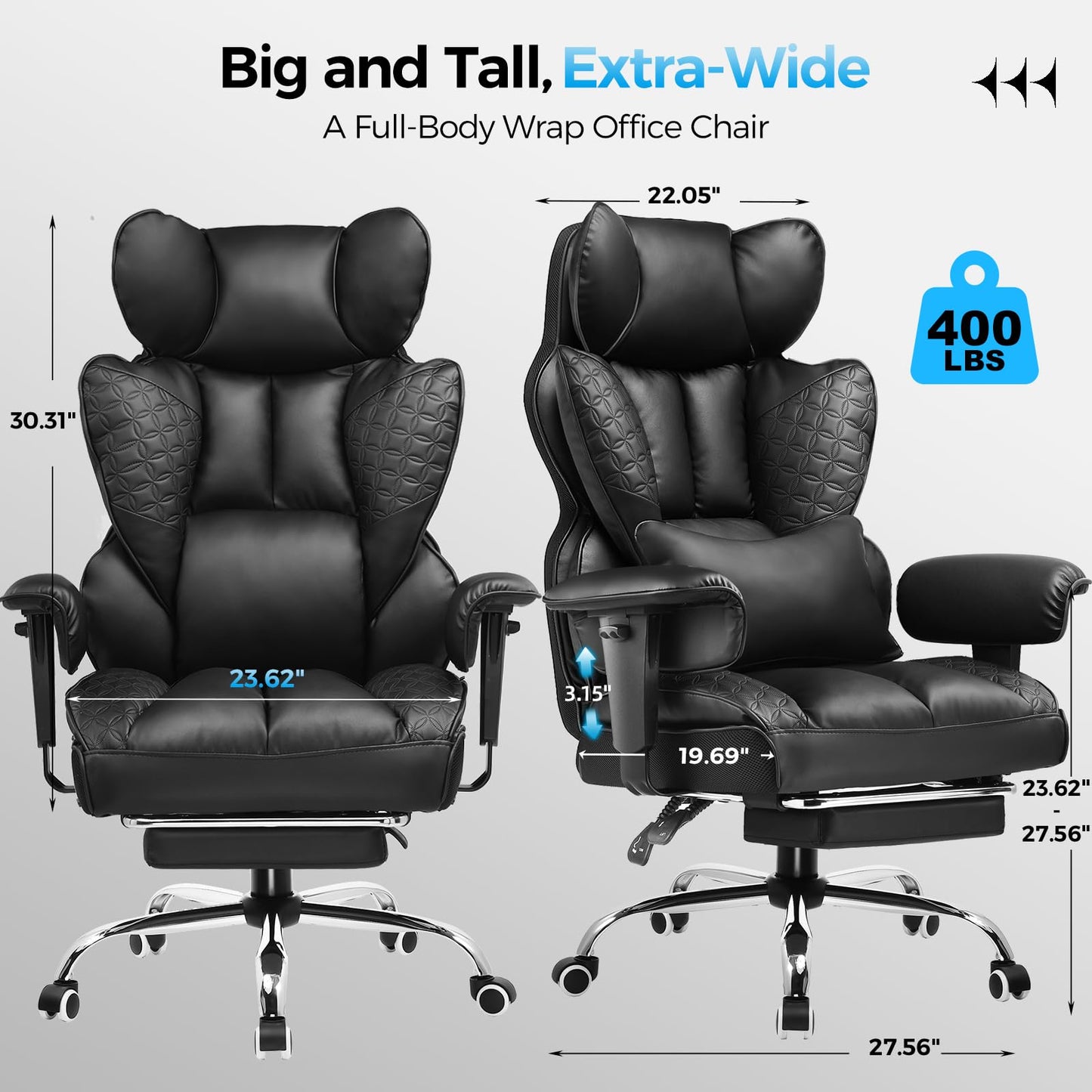 COMHOMA Big and Tall Office Chair 400LBS Wide Ergonomic Gaming Chair with Deluxe Embossing Designed Leather with Foot Rest,150°Reclining Adjustable Armrests Pocket Spring Back Support and Pillow - Medaid International