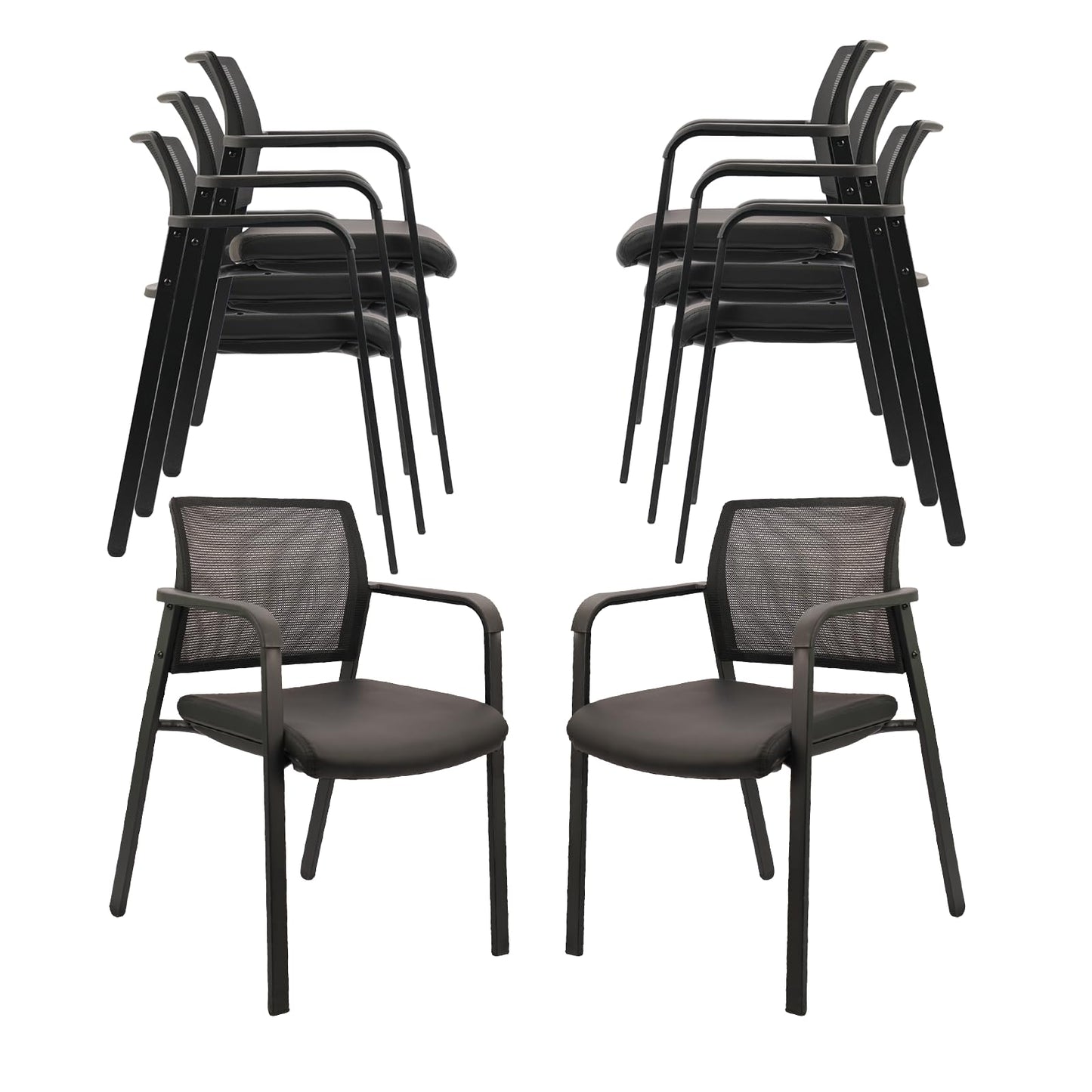 CLATINA Stackable Office Chair, Mesh Back Guest Chairs with Comfortable Leather Seat Arms Stacking Ergonomic Desk Chair No Wheels for Conference Waiting Reception School Stationary, Black, Set of 8 - Medaid International