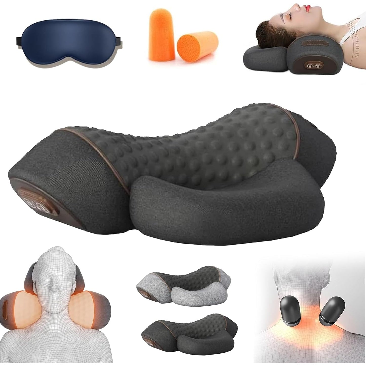 Callixe Thera Pillow, Callixe Neck Pillow, Callixe Thera Pillow Massage, Adjustable Memory Foam Pillows, Cervical Massage Traction Bed Back with Heating, Massage, Lifting Airbag (Black) - Medaid International