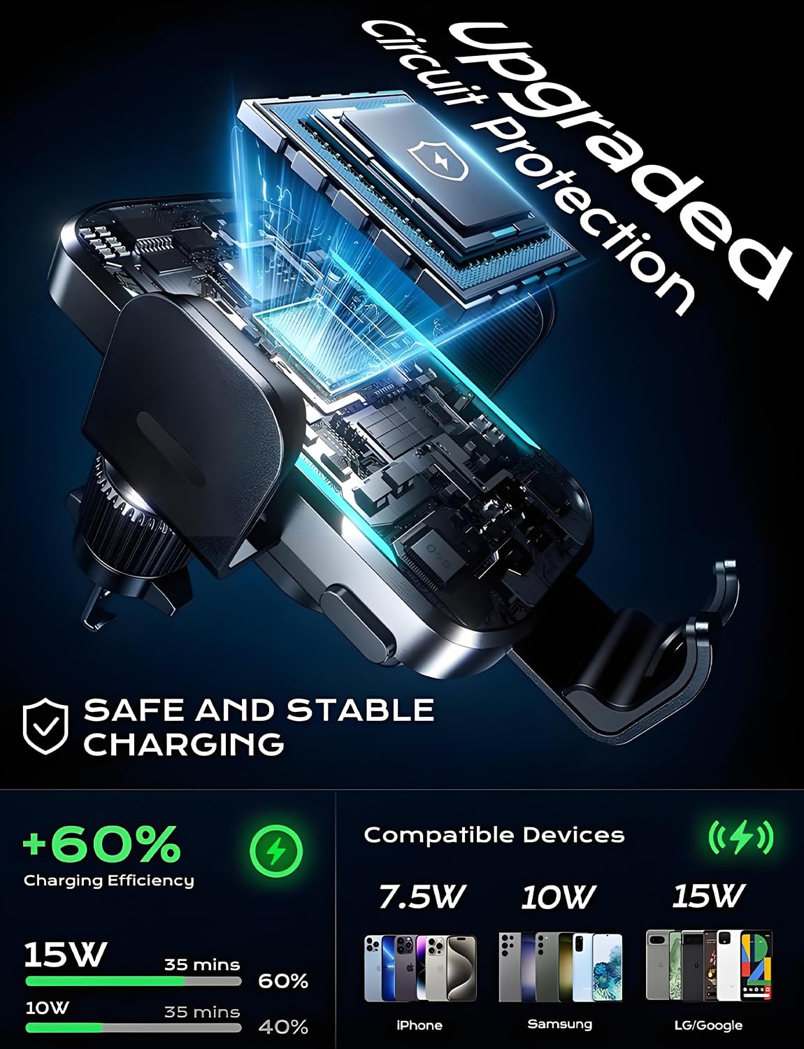 Wireless Car Charger, 2025 Upgrade 15W Fast Charging Auto Clamping Car Phone Holder Charger, Phone Holders for car, CHGeek,fit for iPhone 16 15 14 13 Mini Pro Max XR, Samsung Galaxy S25 Ultra - Medaid International