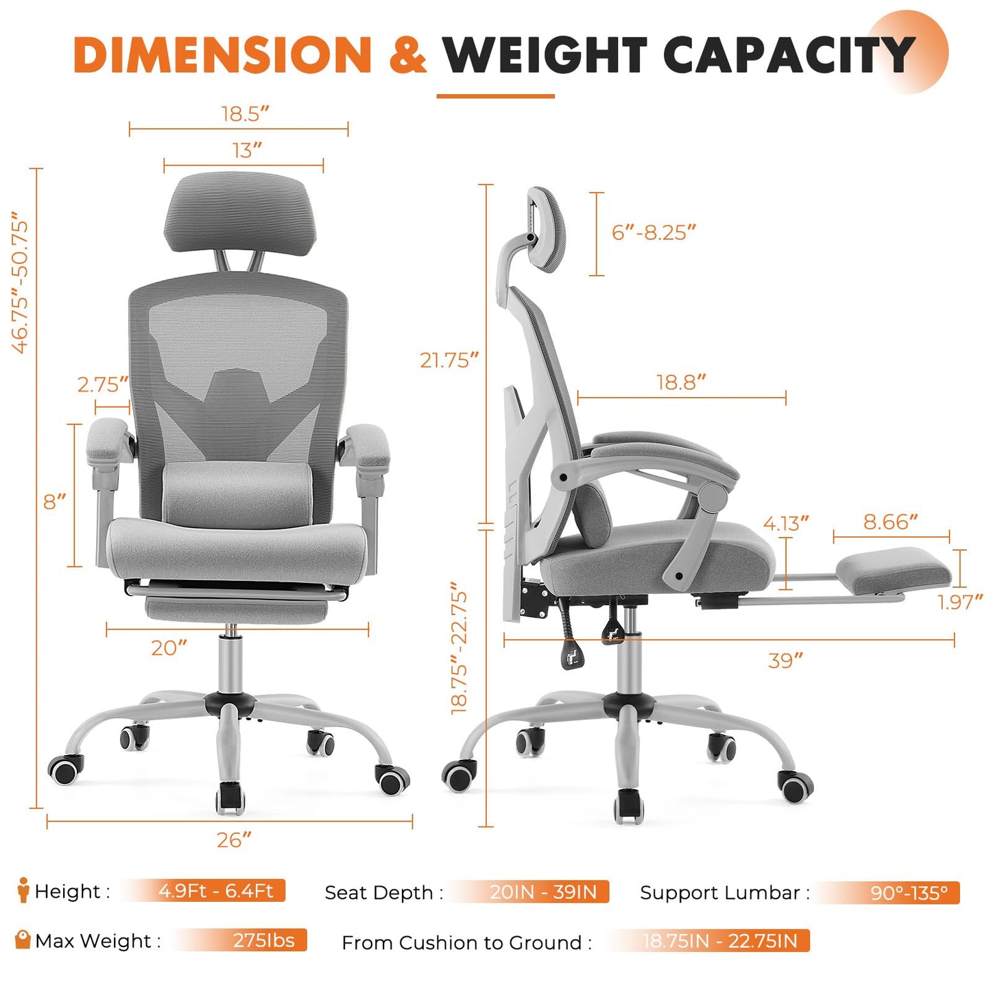 Sweetcrispy Office Computer Desk Chair, Ergonomic High-Back Mesh Rolling Work Swivel Chairs with Wheels, Comfortable Lumbar Support, Comfy Arms for Home, Bedroom, Study, Student, Classic Grey - Medaid International
